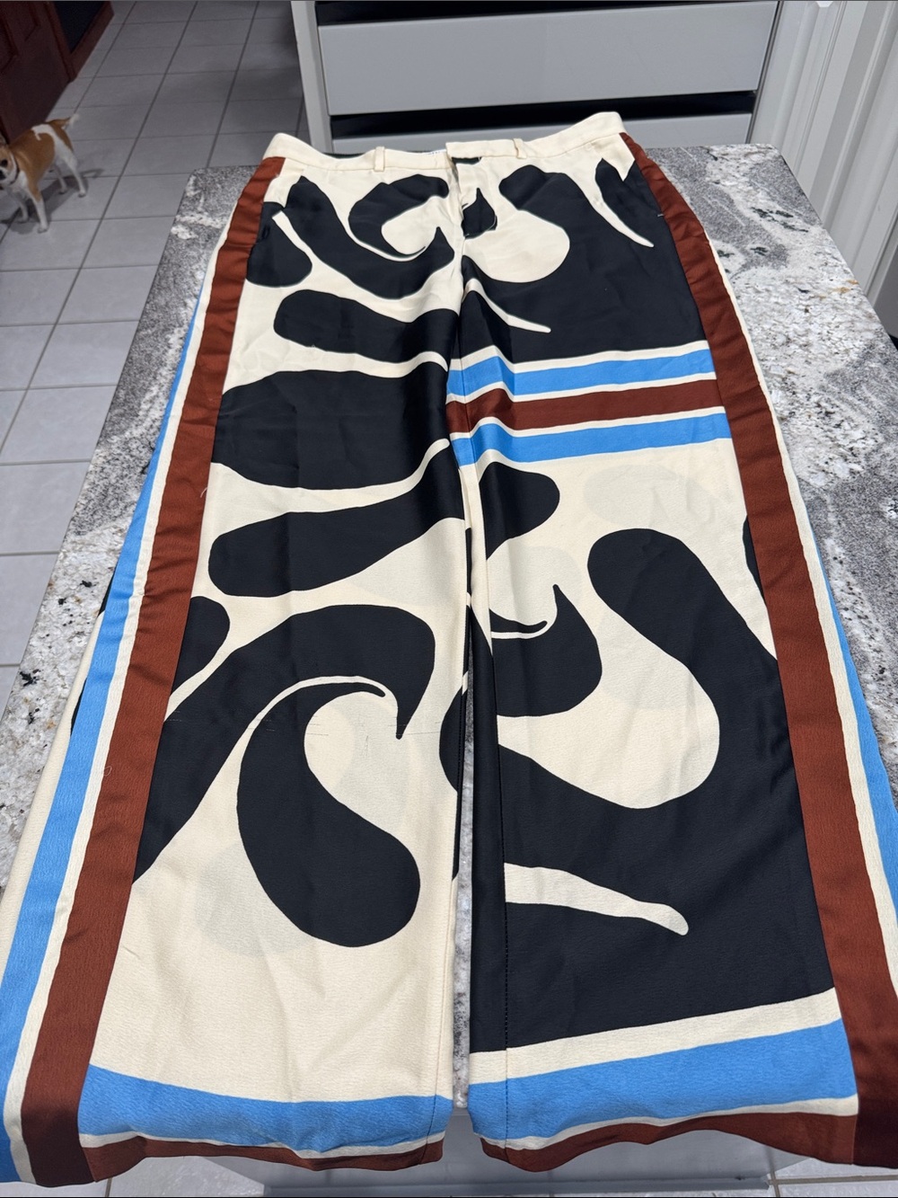 Wide-Leg Printed Palazzo Pants in Black & Cream with Blue and Brown Trim